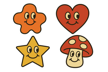 Retro groovy character set with funny comic faces. 70s cartoon mascots collection with heart, star, mushroom. Cute vintage vector illustration for stickers and badges.