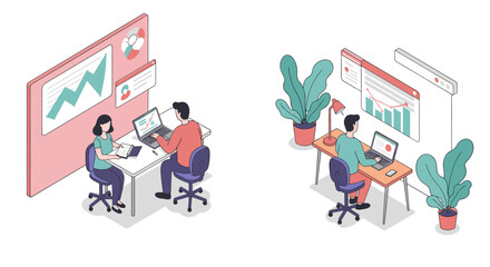 Isometric office workspace with team collaboration and data analysis