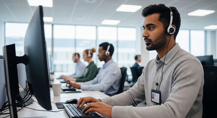 Naklejka premium Dedicated customer service representative diligently assisting clients via headset in a modern, bright call center environment