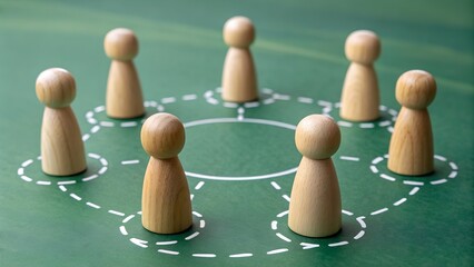 Circle of wooden figurines in dashed network on green surface – Conceptual metaphor for teamwork, social connection, and collaborative structure in organizational strategy, business, abstract