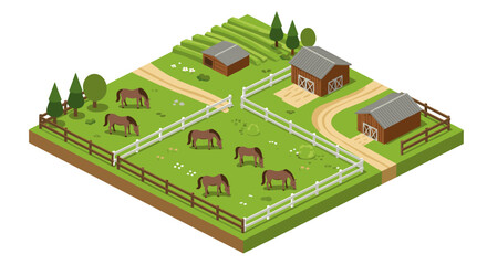 Isometric farm scene with horses grazing in a pasture