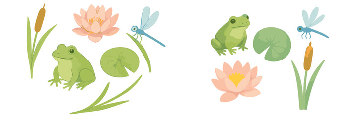 Colorful frogs and flowers in a serene pond setting with water lilies and dragonflies during a bright sunny day