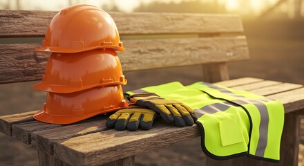 End of a productive day at the construction site with safety gear like hard hats and a vest resting on a bench during a golden sunset