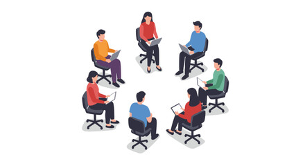 Team collaboration in isometric style: group meeting with laptops in a circle