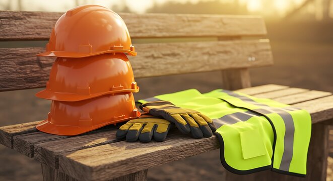End of a productive day at the construction site with safety gear like hard hats and a vest resting on a bench during a golden sunset