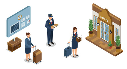 Isometric hotel reception: staff with luggage and modern check-in scene