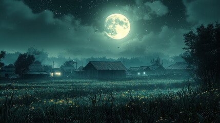 Full Moon Over Rural Village with Lush Meadow and Night Sky