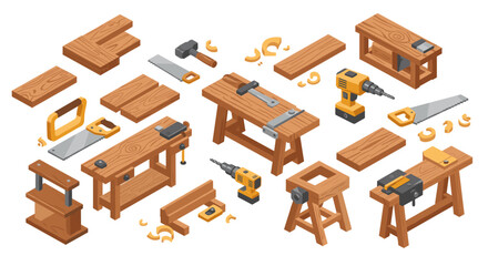 Isometric woodworking tools and workbenches on a white background