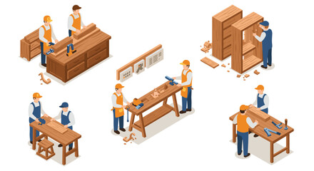 Isometric workshop scene with woodworkers assembling furniture pieces