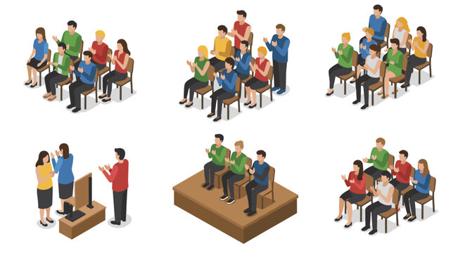 Isometric applause scenes: people clapping in various sitting arrangements