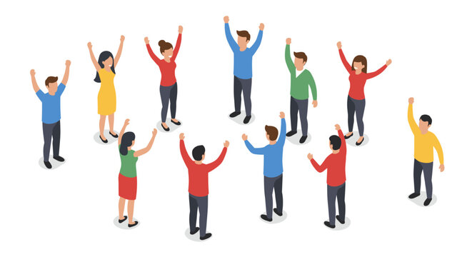 Enthusiastic group of people celebrating together in isometric style