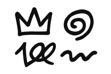 Graffiti spray paint shapes set. Hand drawn punk rock doodle elements. Abstract textured scribble, spiral and crown. Vector illustration for street art and urban design concepts.