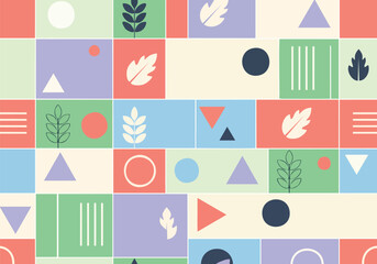 Geometric pattern with leaves circles triangles and lines in pastel colors