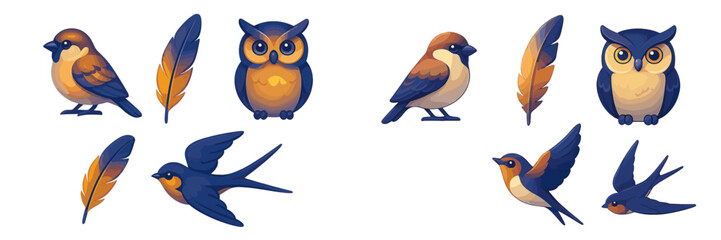 Obraz premium Colorful cartoon birds and owl illustrations with feathers in varying poses and styles for artistic use