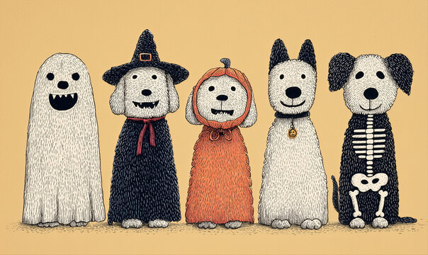 Adorable humorous hand drawn cartoon graphic of dogs gang, team dressed up in Halloween costumes for spooky whimsical party and Festive Banner