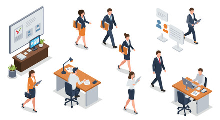 Isometric business professionals in office environment with technology and communication