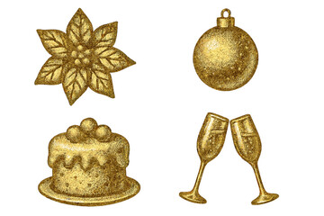 Happy New Year and Merry Christmas golden glitter set. Vector icons with poinsettia, bauble, cake, champagne toast. Trendy halftone collage elements with metallic shine.