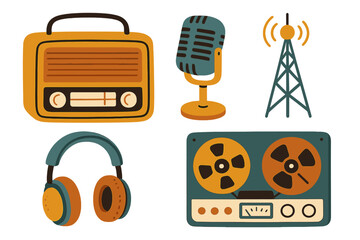 Retro radio broadcast icon set. Vintage sound recording equipment collection. Flat vector illustration of microphone, tape recorder, headphones, radio tower for podcasting media.