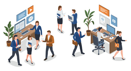 Isometric office scene with diverse business team collaborating and networking