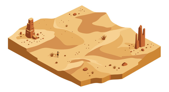 Isometric desert landscape with sand dunes and rock formations