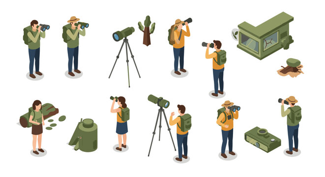 Isometric bird watching adventure with explorers and equipment in nature