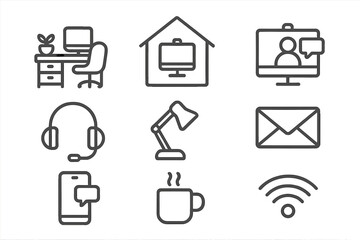 Home office line icon set for remote work and communication. Vector icons for freelance, business, telecommuting. Minimalist outline symbols for modern digital workspace.