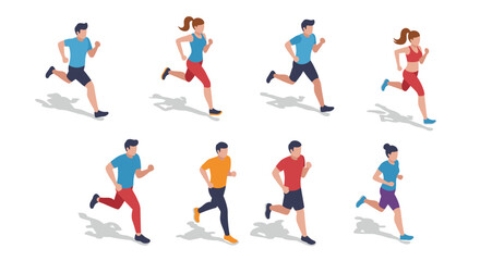Isometric runners set in various poses and outfits on white background
