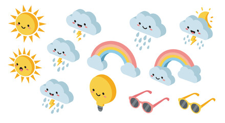 Cute cartoon weather icons: sunny, cloudy, and rainbow designs