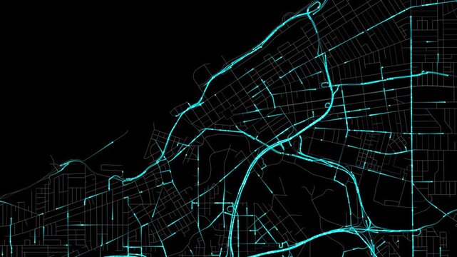 Urban Traffic Flow Map Simulation in Cleveland, Ohio, GPS Smart city route Transportation