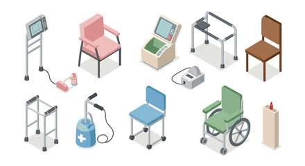 Isometric medical equipment set with wheelchair, walker, and monitor