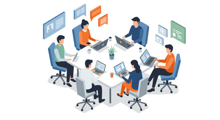 Collaborative team meeting in isometric style with diverse colleagues