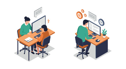 Isometric office team collaboration and focused work environment