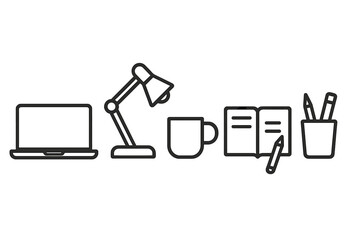 Work from home office essentials icon set. Desk setup elements. Laptop, lamp, coffee, notebook. Minimalist outline vector illustration. Business freelance workspace supplies.