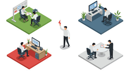 Isometric office scenes: business meetings, workstations, and team collaboration
