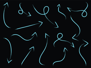 Collection of hand drawn cyan arrows pointing in different directions on black background