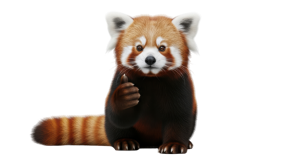 Isolated red panda giving a thumbs up with cute furry animal on light, neutral area