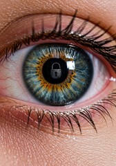 Close-up of a human eye with a padlock symbol in the iris, symbolizing security or privacy.