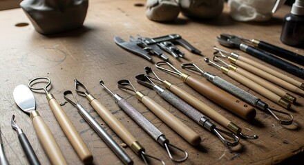Collection of Pottery Sculpting Tools on Wooden Table.