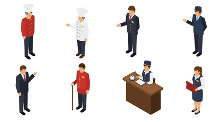 Obraz premium Isometric characters in diverse professional attire on white background