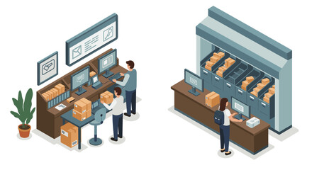 Isometric office mailroom scene with team organizing and sorting packages