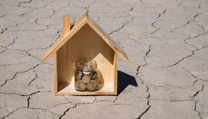 100 tenge coins and wooden house against the backdrop of hot, cracked clay in the desert