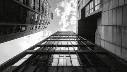 Monochrome Skyscraper Perspective with Geometric Facades Under Cloudy Sky Urban Architecture Featuring Tall Buildings and Angular Details in Black and White