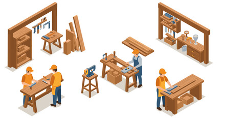 Woodworking workshop scene with carpenter tools and workers in isometric style