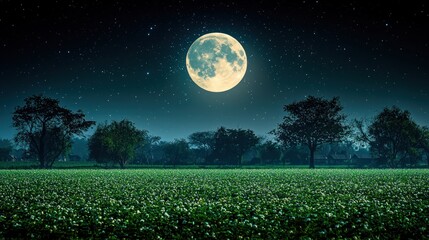 Full Moon Shining Over Meadow with Trees at Night Sky Scenery