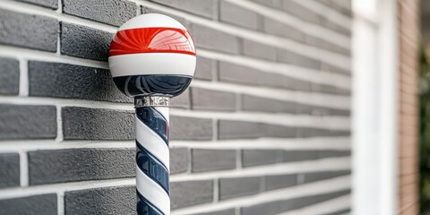 A classic barber pole with red, white, and blue stripes stands against a modern gray brick wall.