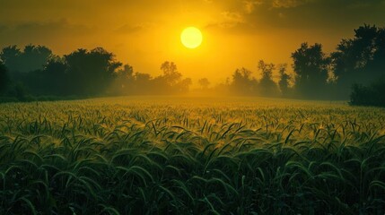 Wheat Field Glows Under Golden Sunset in Rural Landscape Scene