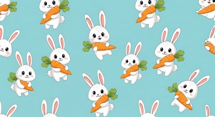 Naklejka premium Cute White Rabbits Holding Carrots Cartoon Seamless Pattern.