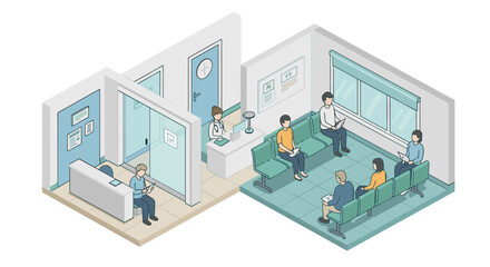 Isometric waiting room scene with patients and reception desk in modern medical center