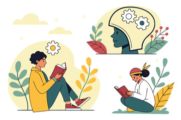 Vector art of diverse group of people reading books and learning new things, concept of education
