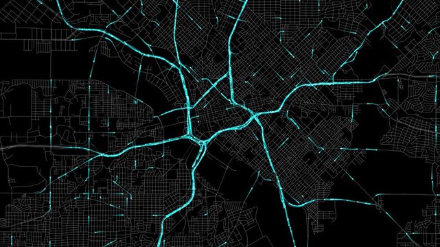 Urban Traffic Flow Map Simulation in Dallas, Texas, GPS Smart city route Transportation